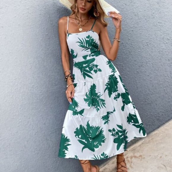 Boho green white floral tropical print tie back maxi dress - Picture 5 of 7